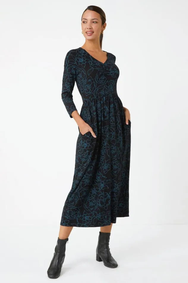 Teal Floral Print Pocket Stretch Midi Dress Women Roman Dresses