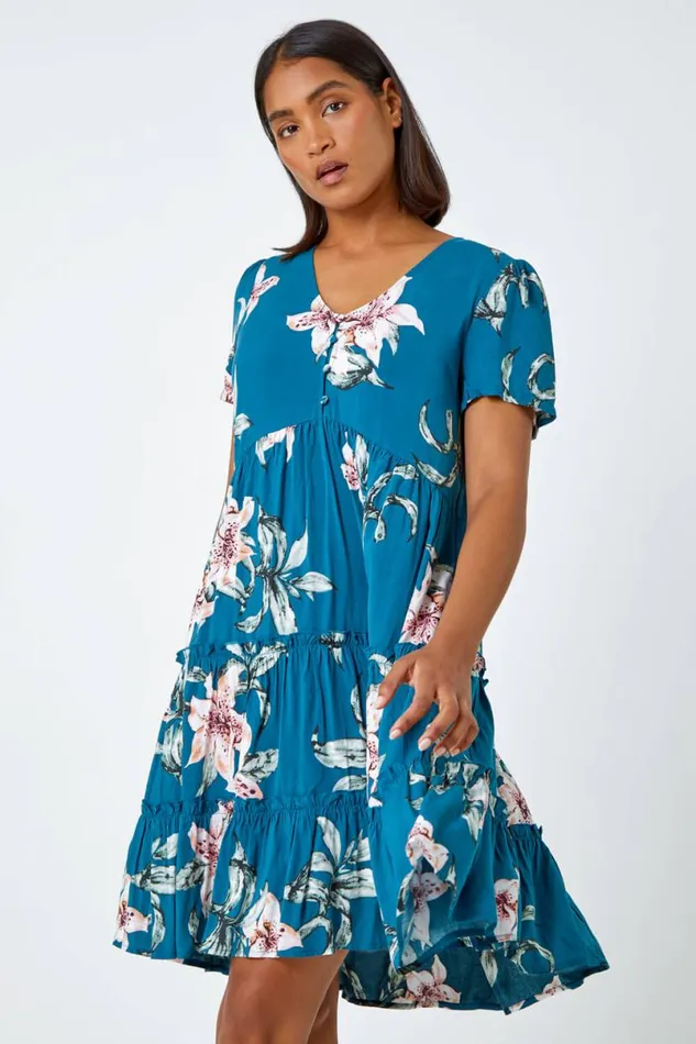 Teal Floral Print Tiered Mini Dress Women Roman Dresses