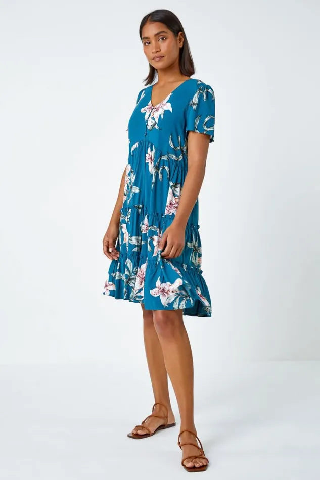 Teal Floral Print Tiered Mini Dress Women Roman Dresses