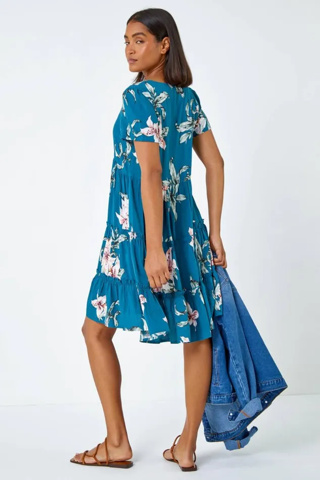 Teal Floral Print Tiered Mini Dress Women Roman Dresses