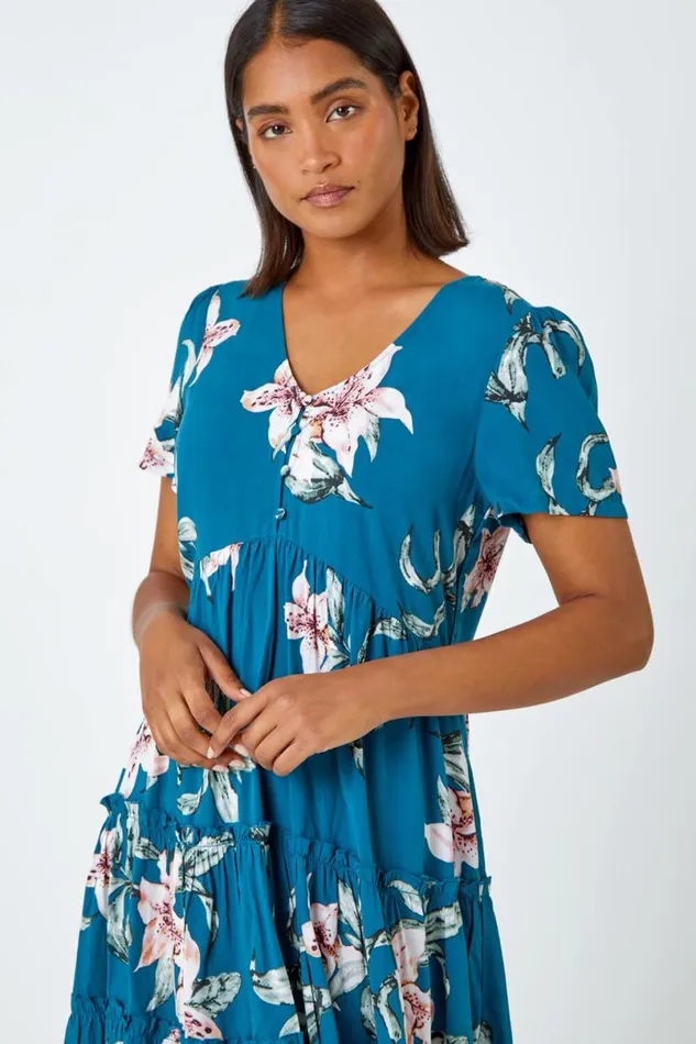 Teal Floral Print Tiered Mini Dress Women Roman Dresses