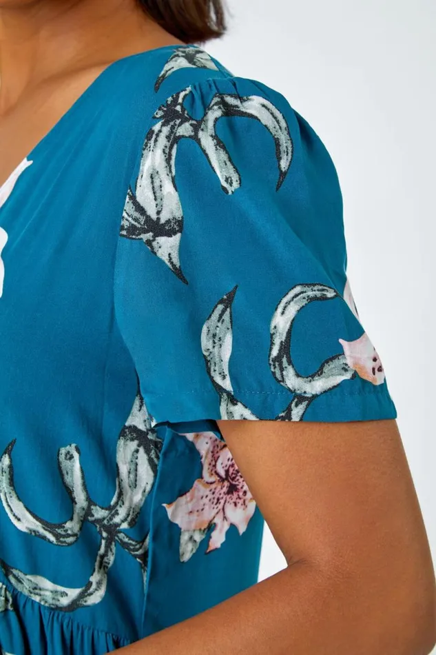 Teal Floral Print Tiered Mini Dress Women Roman Dresses