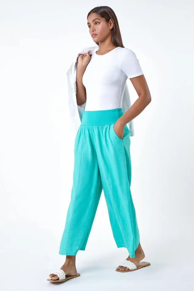 Teal Linen Blend Elastic Waist Cropped Culottes Women Roman Trousers