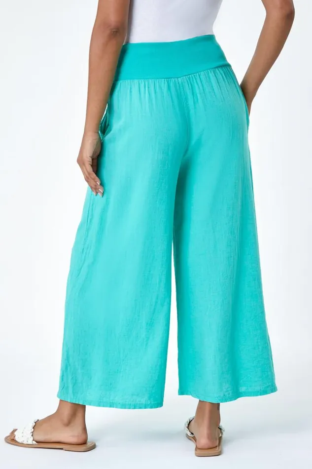 Teal Linen Blend Elastic Waist Cropped Culottes Women Roman Trousers