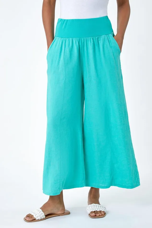 Teal Linen Blend Elastic Waist Cropped Culottes Women Roman Trousers