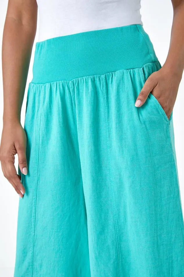 Teal Linen Blend Elastic Waist Cropped Culottes Women Roman Trousers