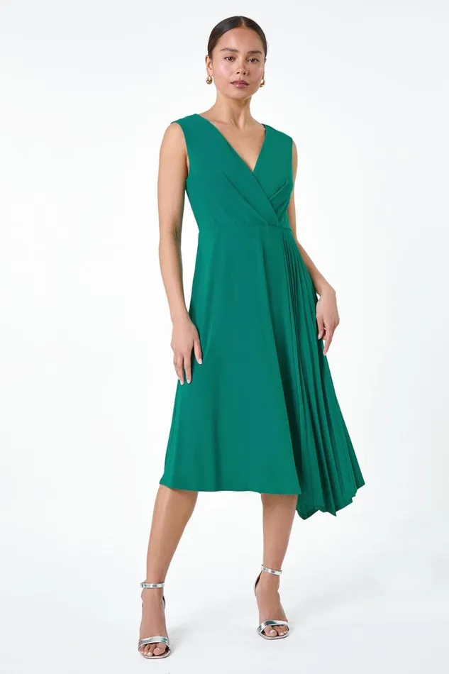 Teal Petite Pleat Detail Stretch Wrap Dress Women Roman Dresses