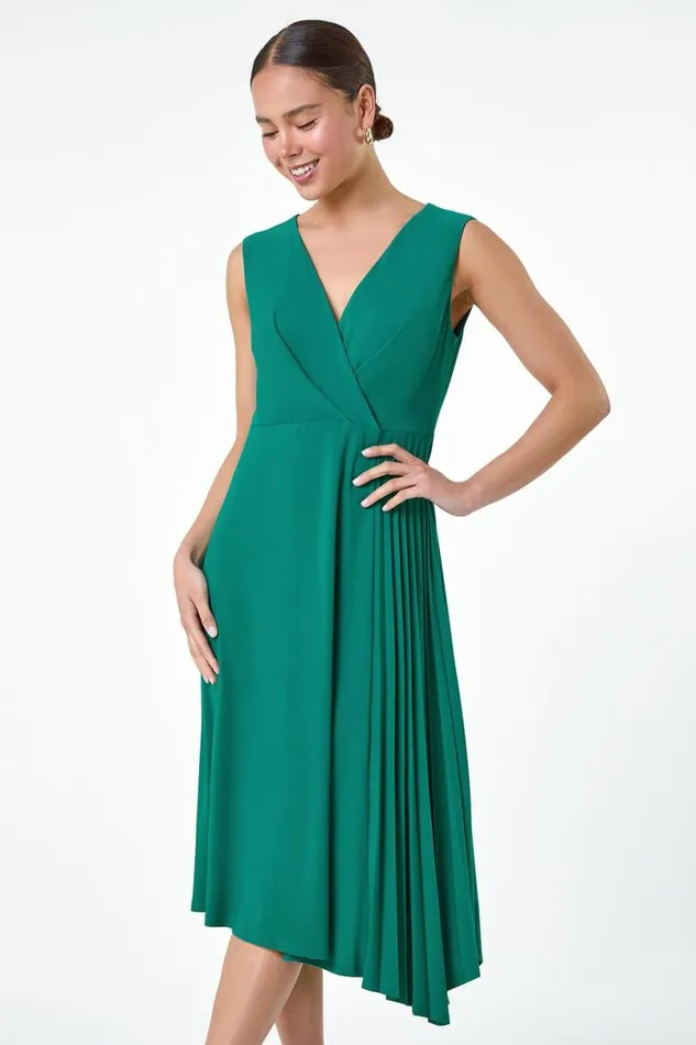 Teal Petite Pleat Detail Stretch Wrap Dress Women Roman Dresses