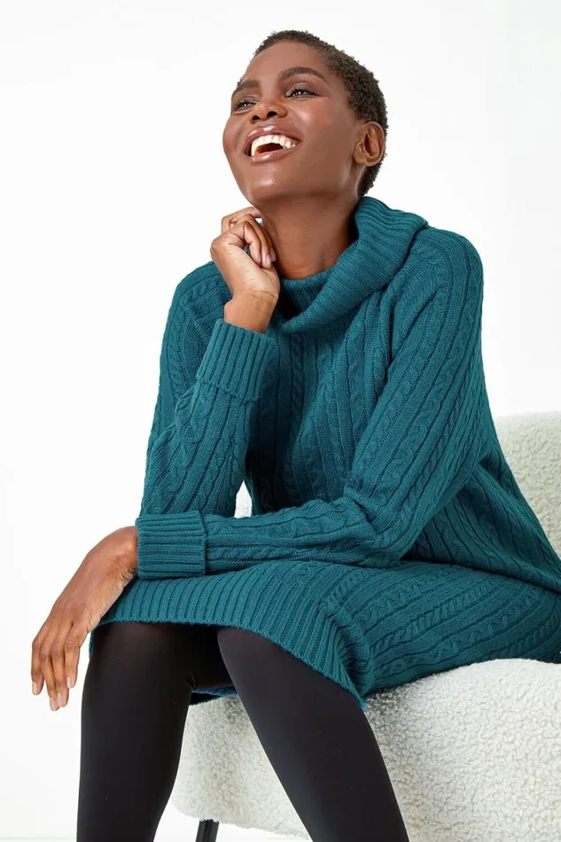 Teal Roll Neck Knitted Jumper Dress Women Roman Dresses
