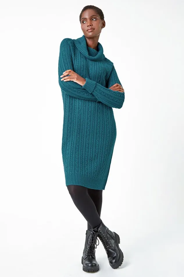 Teal Roll Neck Knitted Jumper Dress Women Roman Dresses
