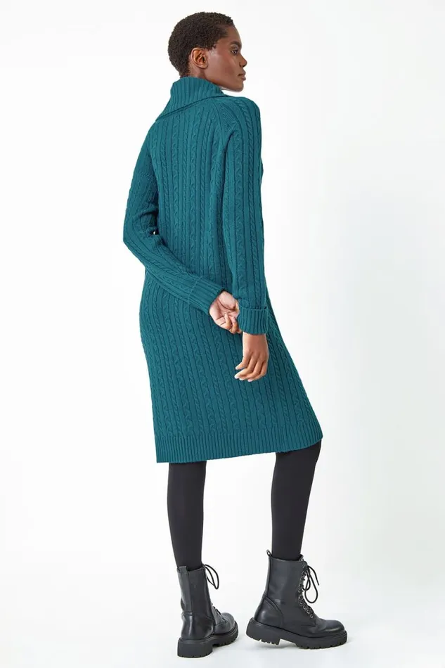 Teal Roll Neck Knitted Jumper Dress Women Roman Dresses