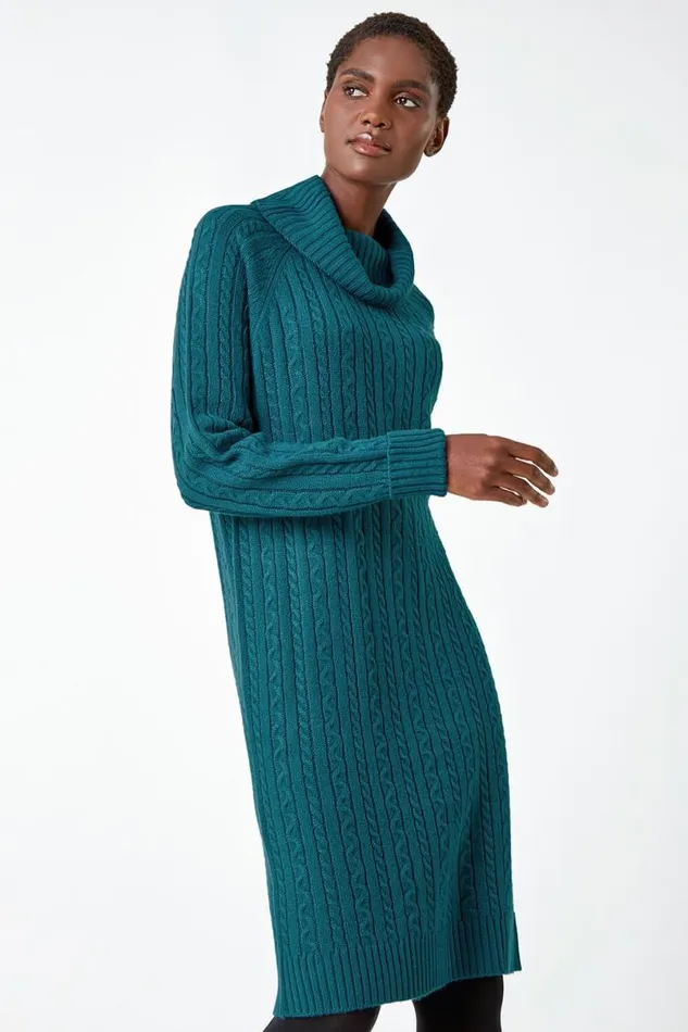Teal Roll Neck Knitted Jumper Dress Women Roman Dresses