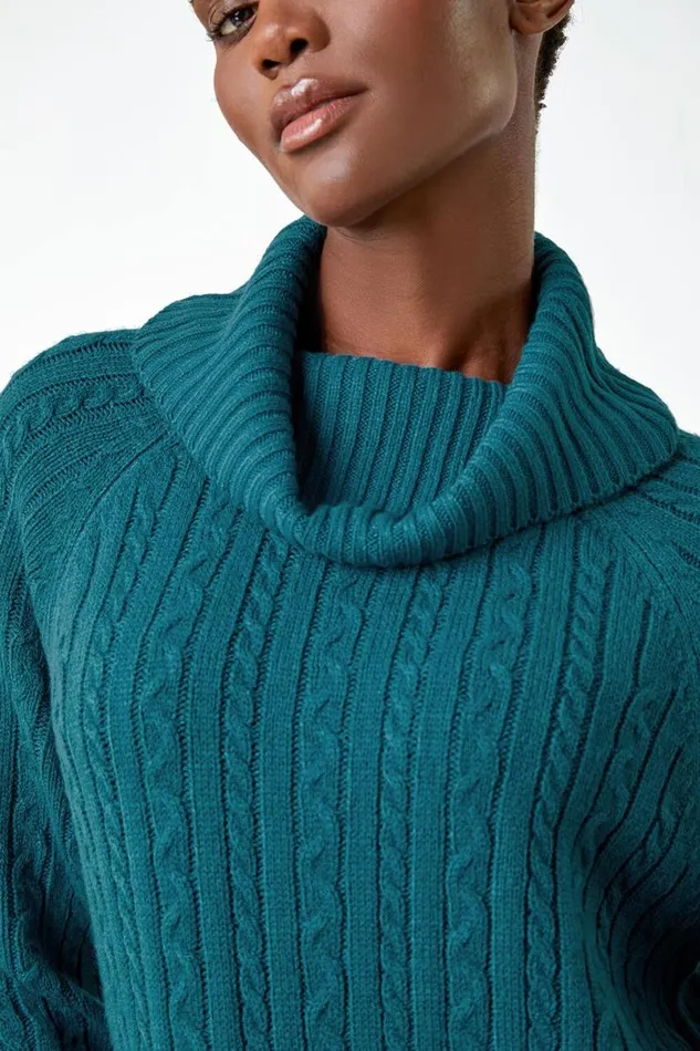 Teal Roll Neck Knitted Jumper Dress Women Roman Dresses