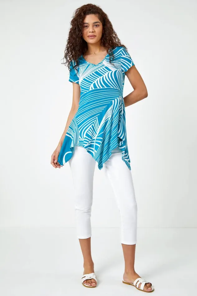 Teal Textured Linear Print Hanky Hem Tunic Top Women Roman Tops