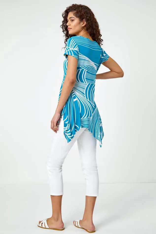 Teal Textured Linear Print Hanky Hem Tunic Top Women Roman Tops