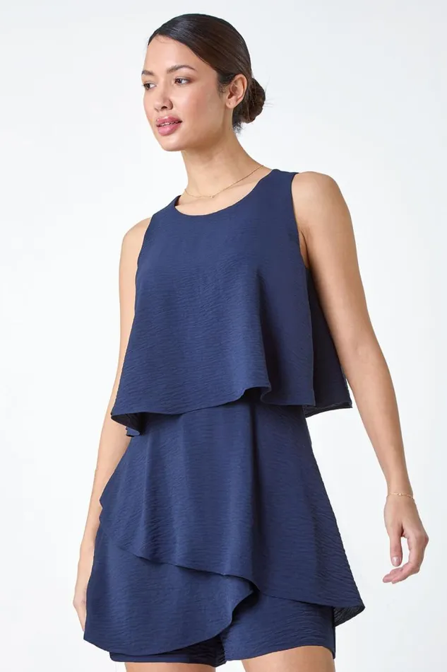 Textured Plain Tiered Playsuit Women Roman Dresses