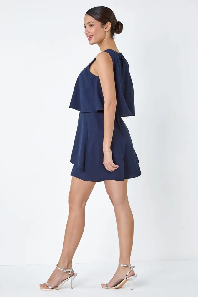Textured Plain Tiered Playsuit Women Roman Dresses