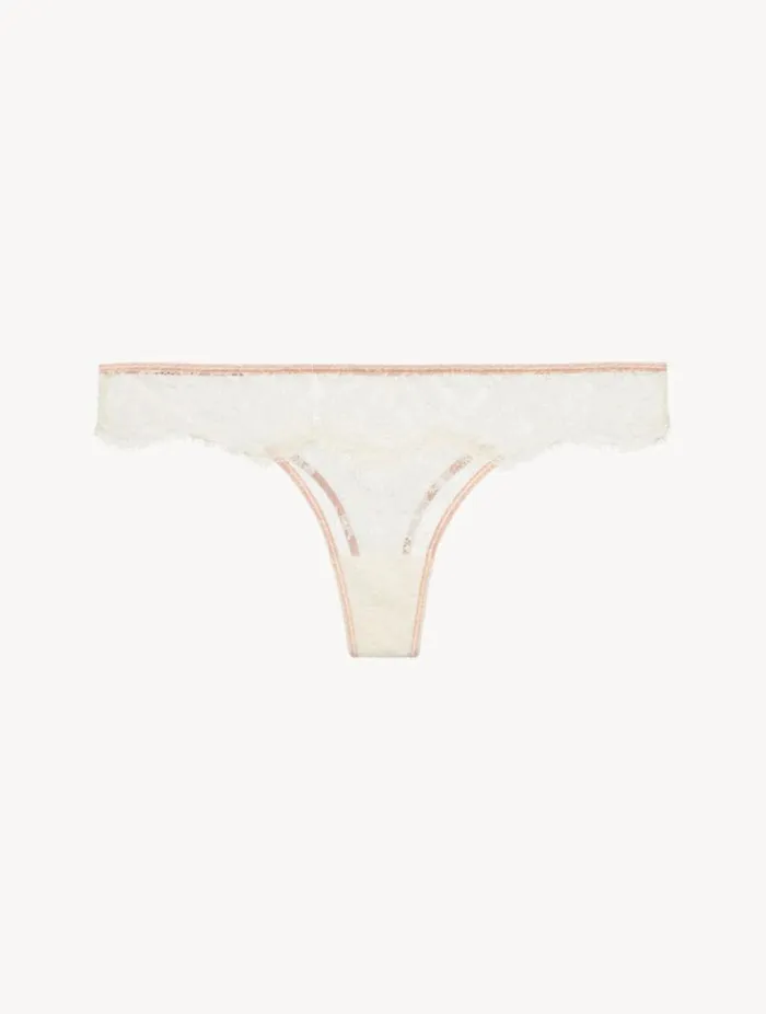 Thong In Linen And Nude Rose With Leavers Lace Lingerie La Perla G String and Thong