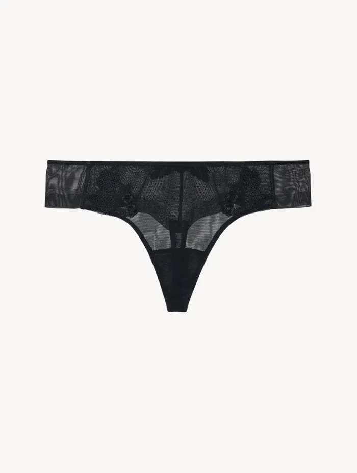 Thong In Sheer Black Embroidered Tulle Lingerie La Perla G String and Thong