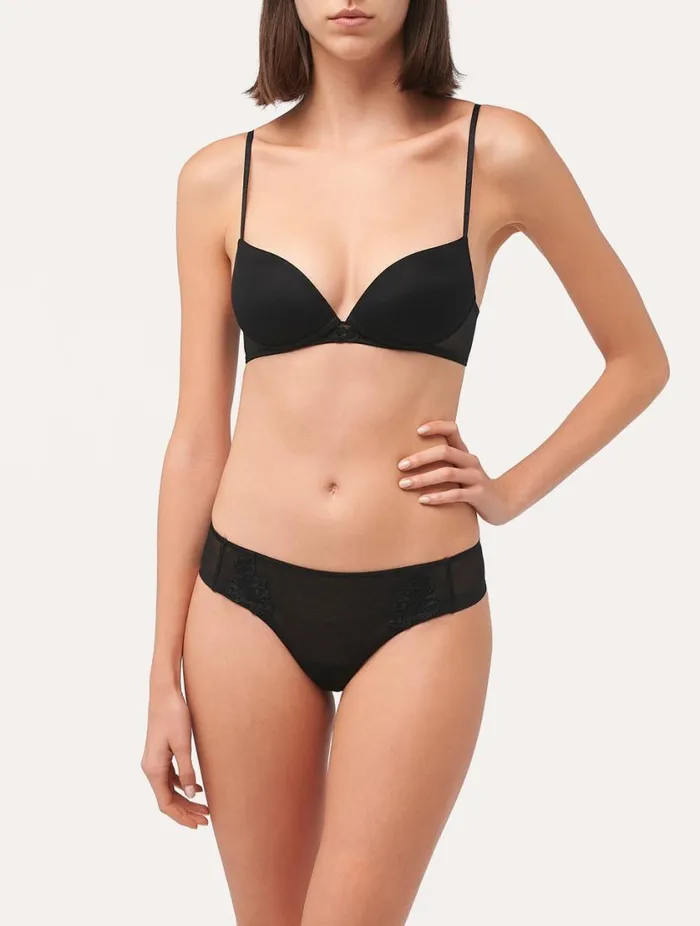 Thong In Sheer Black Embroidered Tulle Lingerie La Perla G String and Thong