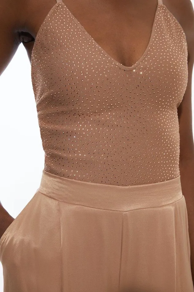 Tops Women Karen Millen Embellished And Ponte Strappy Bodysuit Nude