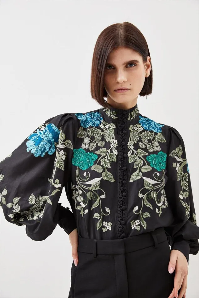 Tops Women Karen Millen Floral Embroidered And Beaded Button Detail Woven Top Floral