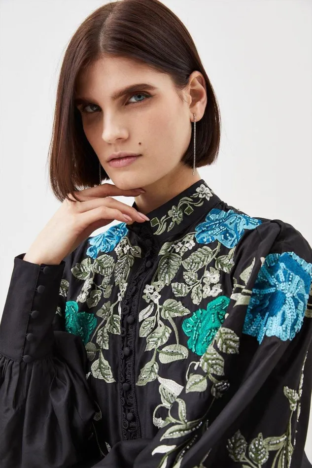 Tops Women Karen Millen Floral Embroidered And Beaded Button Detail Woven Top Floral