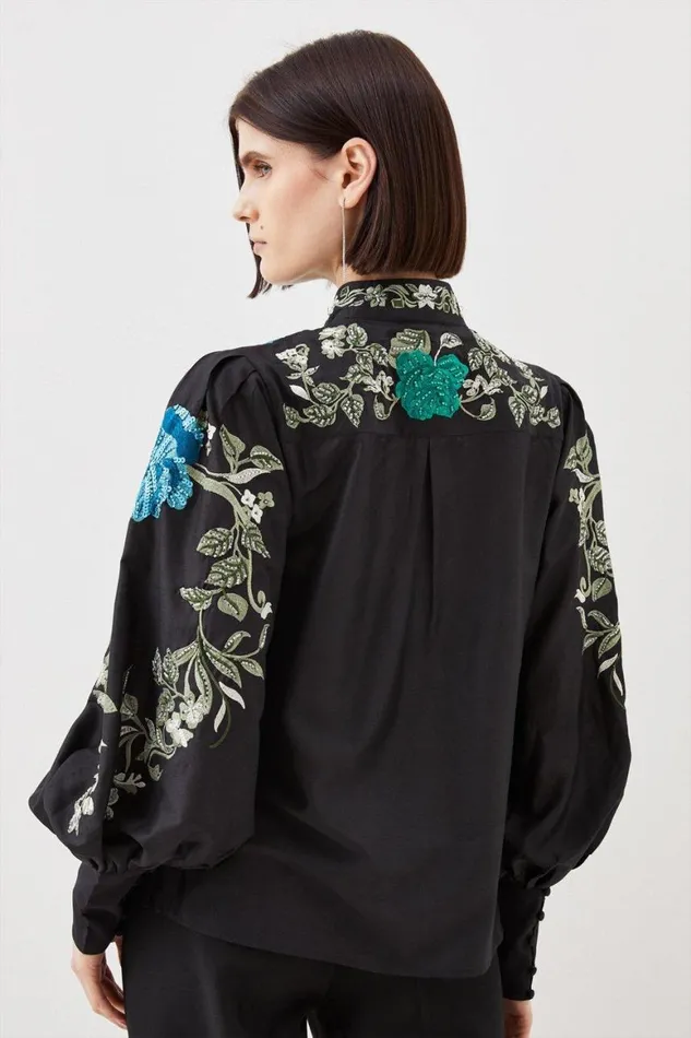 Tops Women Karen Millen Floral Embroidered And Beaded Button Detail Woven Top Floral