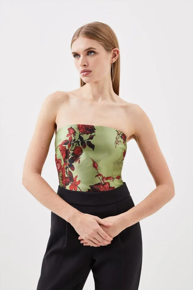 Tops Women Karen Millen Floral Jacquard Panelled Woven Shirred Top Green