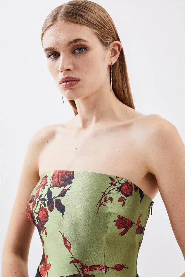 Tops Women Karen Millen Floral Jacquard Panelled Woven Shirred Top Green