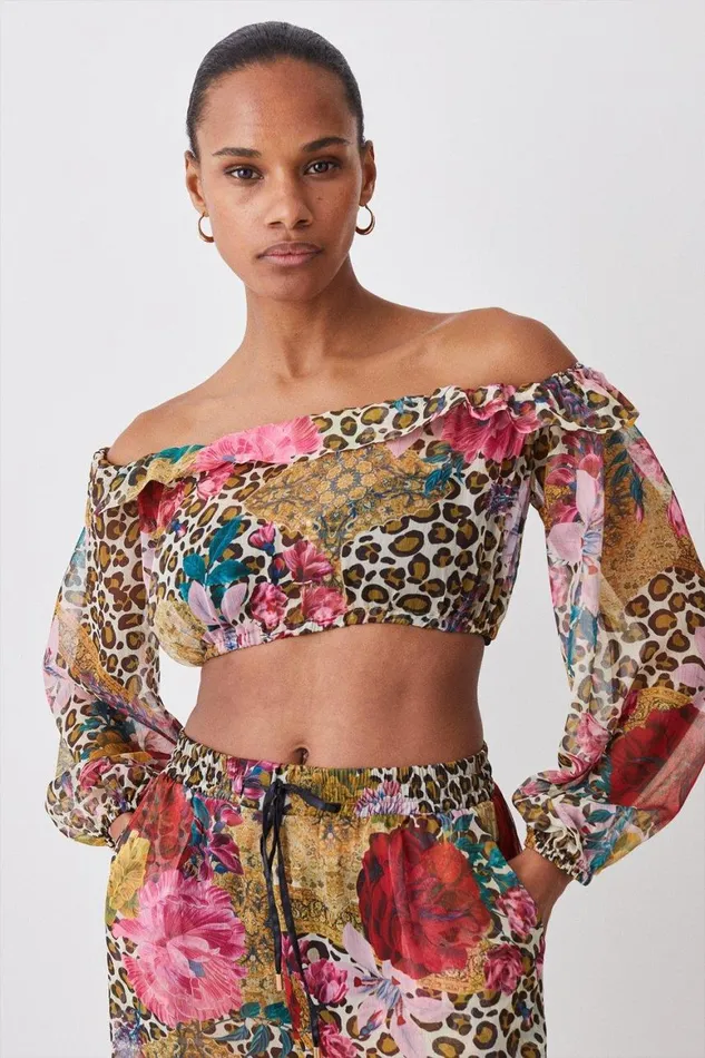 Tops Women Karen Millen Leopard Floral Bardot Beach Crop Top Animal