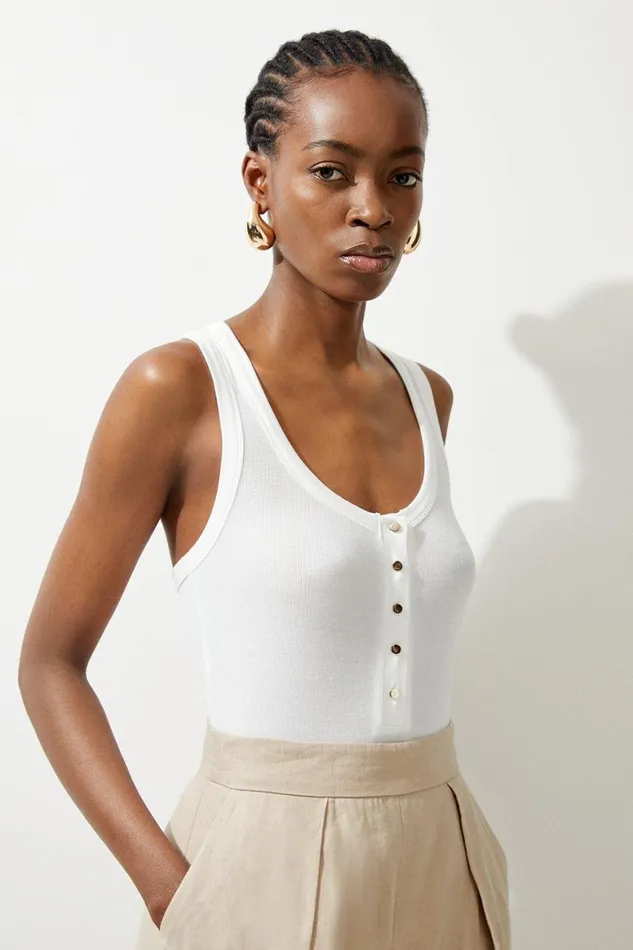 Tops Women Karen Millen Luxe Viscose Rib Jersey Scoop Neck Bodysuit Ivory