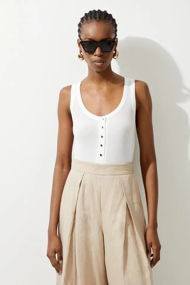 Tops Women Karen Millen Luxe Viscose Rib Jersey Scoop Neck Bodysuit Ivory