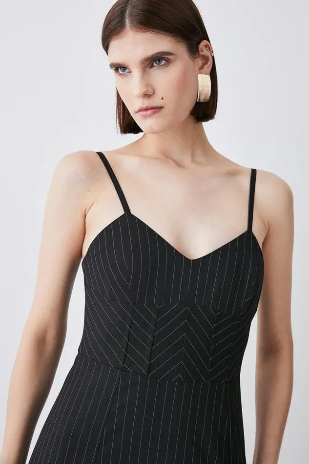 Tops Women Karen Millen Pinstripe Corset Waist Pencil Midi Dress Black