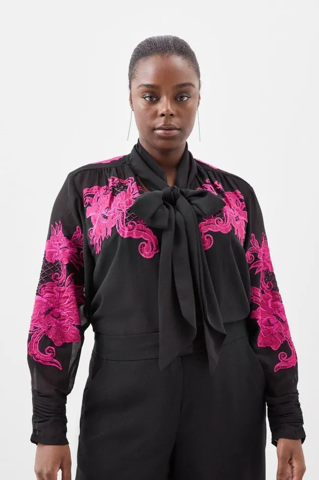 Tops Women Karen Millen Plus Size Velvet Applique Satin Woven Top Pink
