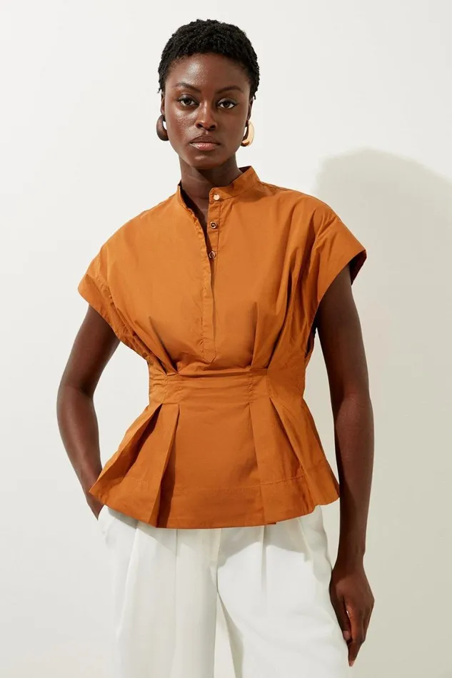Tops Women Karen Millen Poplin Cap Sleeve Buttoned Pintuck Woven Shirt Toffee