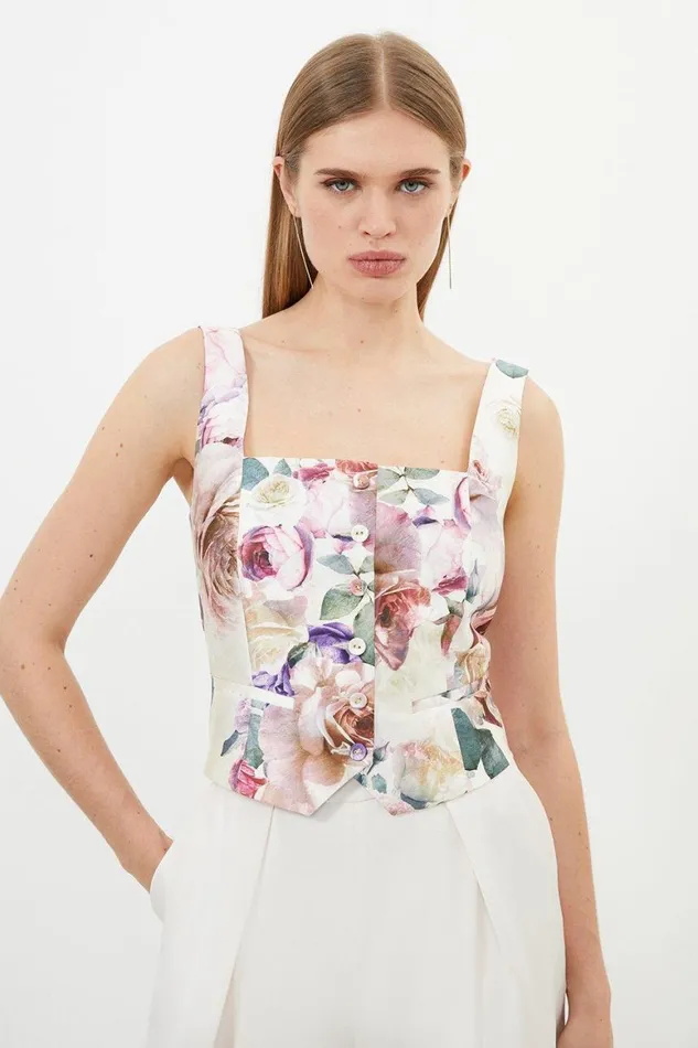 Tops Women Karen Millen Romantic Floral Print Woven Strappy Button Detail Top Floral