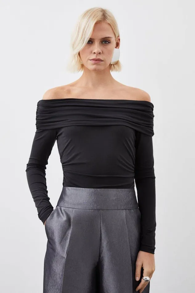 Tops Women Karen Millen Soft Touch Slinky Jersey Bardot Bodysuit Black