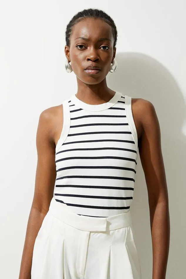 Tops Women Karen Millen Stripe Stretch Cotton Jersey Racer Back Top Ivory