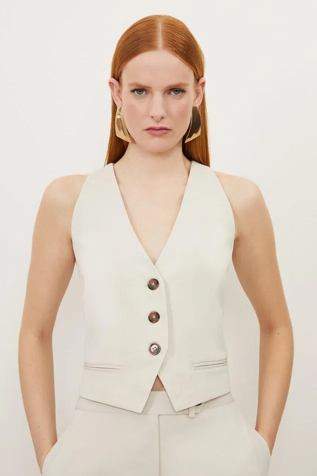 Tops Women Karen Millen Tencel Single Breasted Tailored Waistcoat Stone