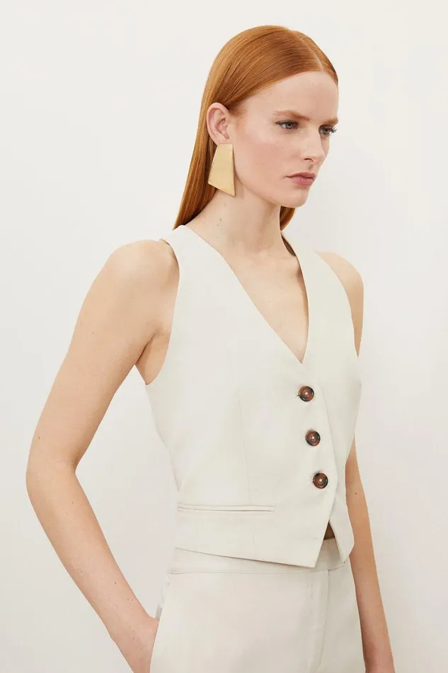 Tops Women Karen Millen Tencel Single Breasted Tailored Waistcoat Stone