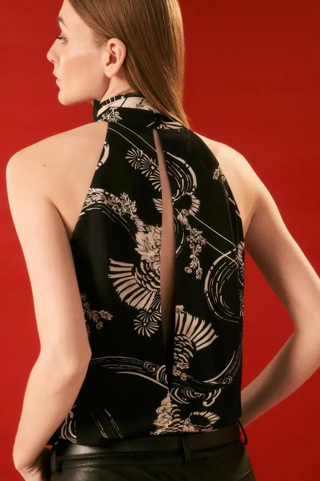 Tops Women Karen Millen The Founder Koi Printed Tie Neck Woven Blouse Black