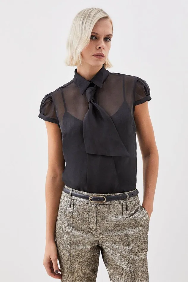 Tops Women Karen Millen The Founder Organza Tie Detail Woven Blouse