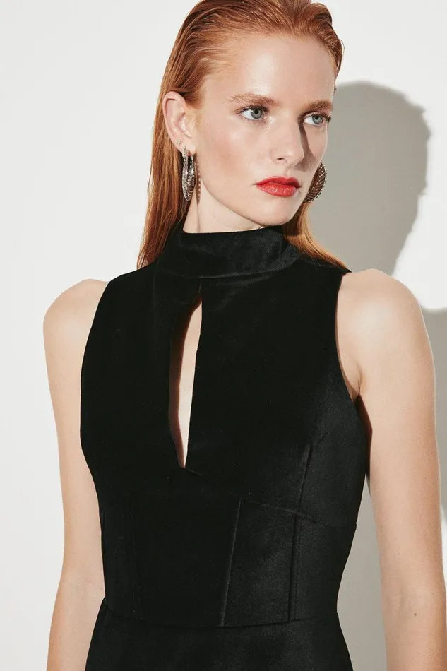 Tops Women Karen Millen Velvet Corset Waist Detail Halter Mini Dress Black