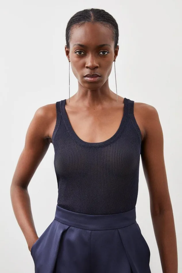Tops Women Karen Millen Viscose Blend Metallic Sparkle Knit Vest Top Navy
