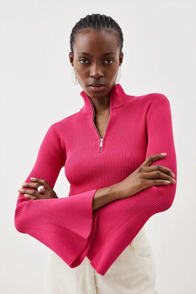 Tops Women Karen Millen Viscose Blend Rib Knit Half Zip Bell Sleeve Top Fuchsia