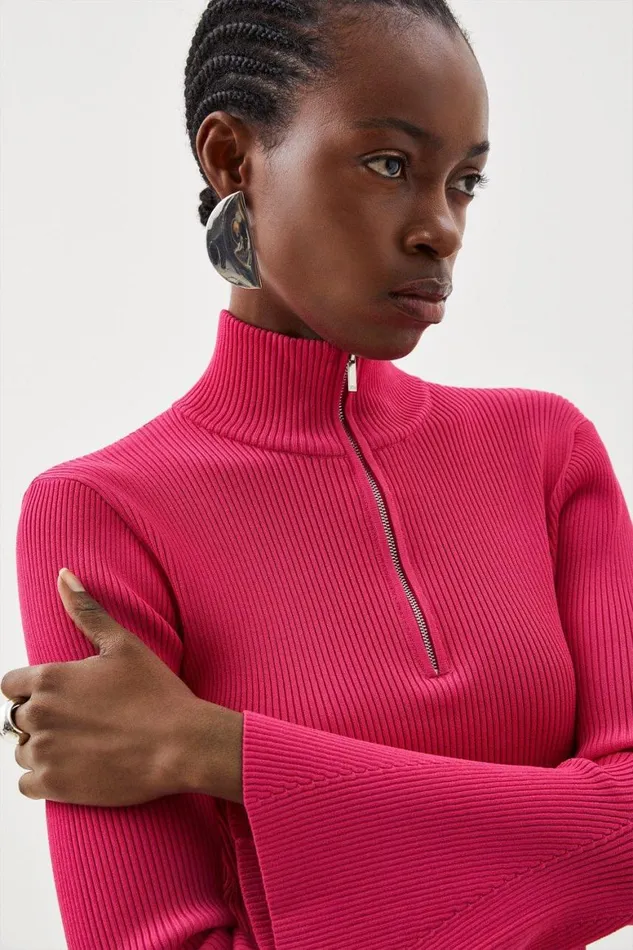 Tops Women Karen Millen Viscose Blend Rib Knit Half Zip Bell Sleeve Top Fuchsia