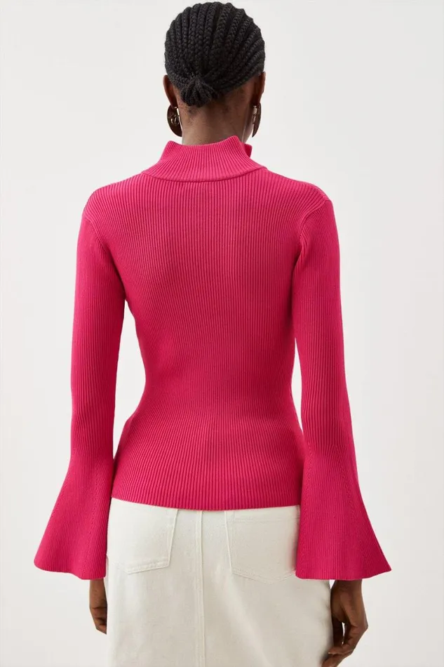 Tops Women Karen Millen Viscose Blend Rib Knit Half Zip Bell Sleeve Top Fuchsia