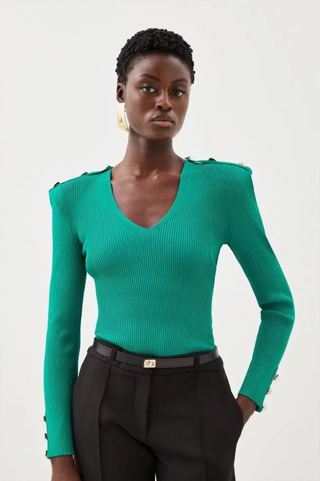 Tops Women Karen Millen Viscose Blend Rib Knit V Neck Power Shoulder Military Top Green