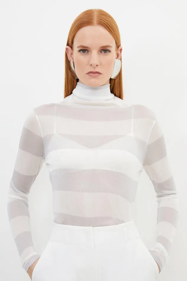 Tops Women Karen Millen Viscose Blend Slinky Sheer Knit Striped Top Stripe